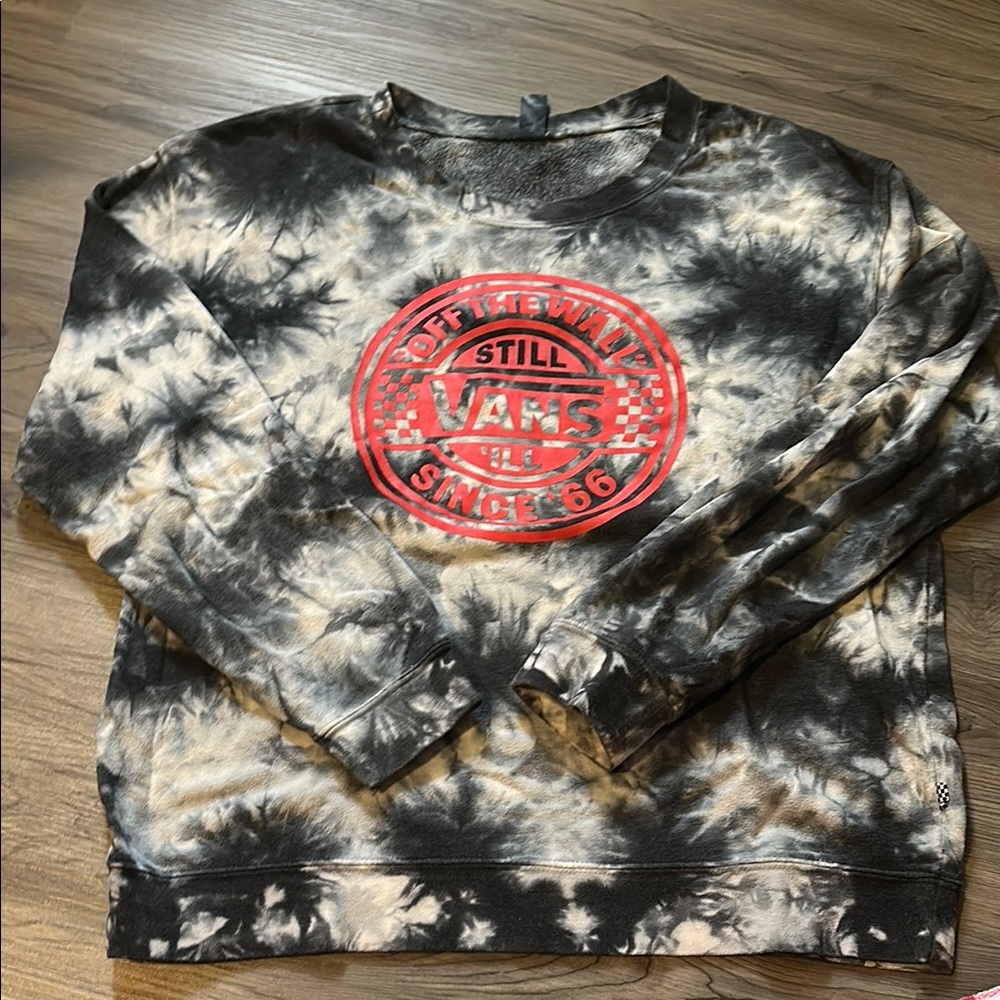 Vans Black and Gray Tie-Dye Red Logo Women’s Crewneck Sweater